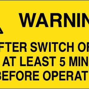 Adesivo pvc 125x70 mm warning after switch off wait at least 5 minutes before operate